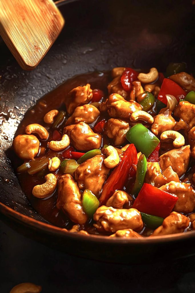 Quick &amp; Easy Cashew Chicken stir-fry being tossed in a wok with a wooden spatula, showcasing chicken, cashews, and peppers.