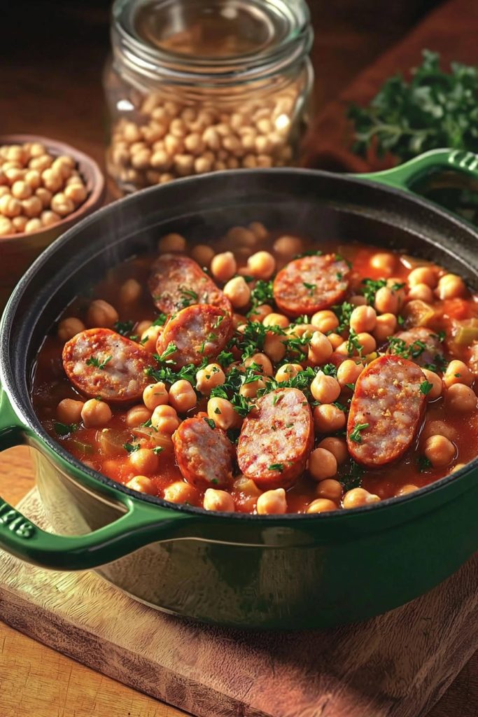 Hearty chickpea stew with smoked turkey sausage steaming in a green dutch oven, garnished with parsley.