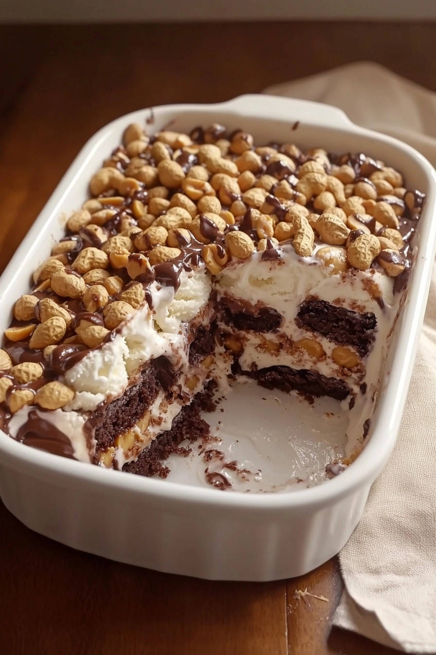 Chocolate Dream Dessert with a peanut paradise topping shown in a close-up cross-section revealing layers