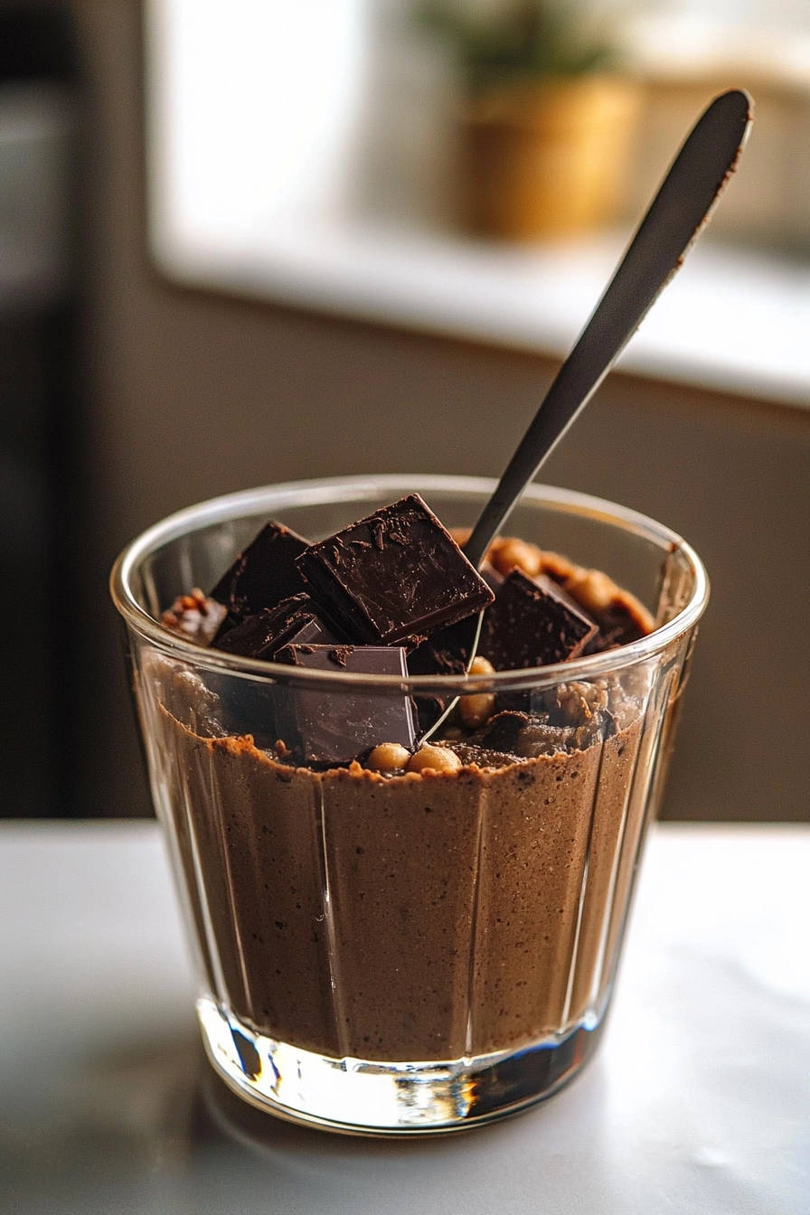 Dreamy chocolate mousse recipe with hazelnuts served in a glass, topped with chocolate chunks and a spoon.