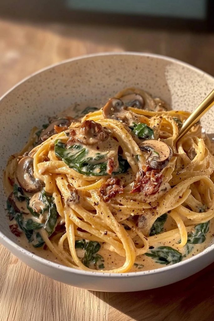 Creamy mushroom linguine with sun-dried tomatoes and spinach, captured with a golden fork detail.