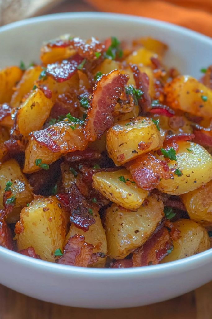 Crispy potatoes with umami dust served in a white bowl, with a close-up view of the texture and bacon pieces.