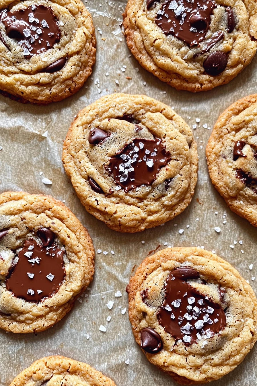 Dark chocolate chip cookies are generously topped with melted chocolate and flaky sea salt, showcasing their sweet and salty bliss.