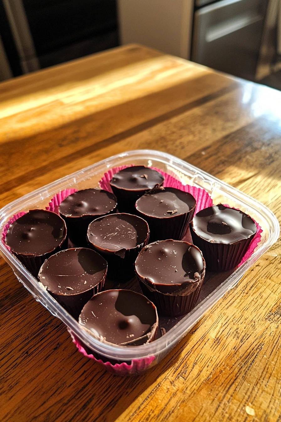 Dark chocolate peanut butter cups with maple kissed filling, arranged in pink paper liners in a clear container.