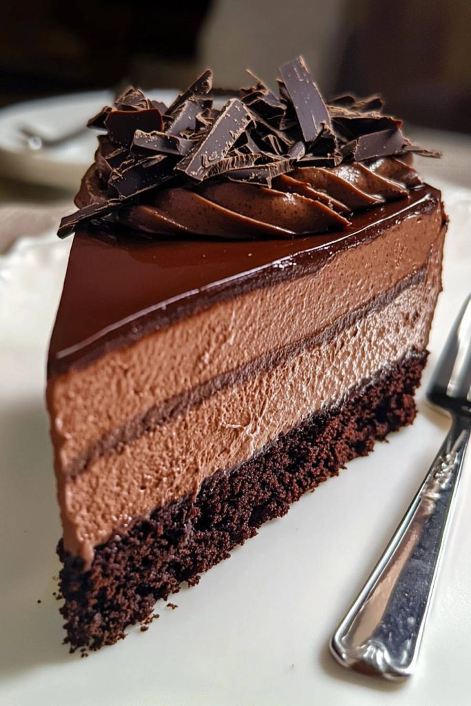 Decadent Chocolate Dream Cake, a rich chocolate slice with layers of mousse and chocolate shavings, displayed on a white plate.