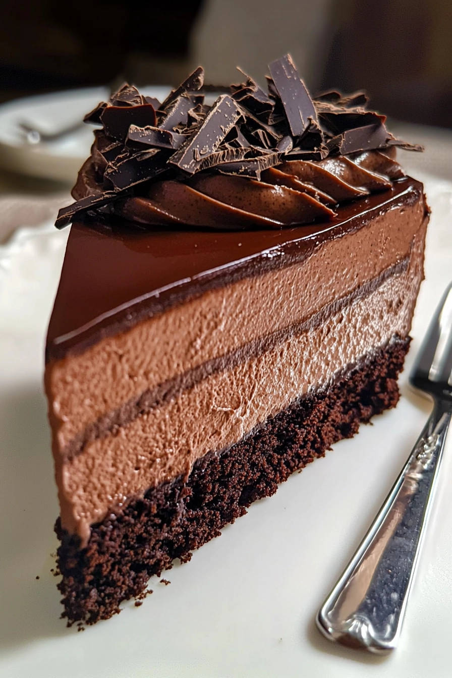 Decadent Chocolate Dream Cake, a rich chocolate slice with layers of mousse and chocolate shavings, displayed on a white plate.