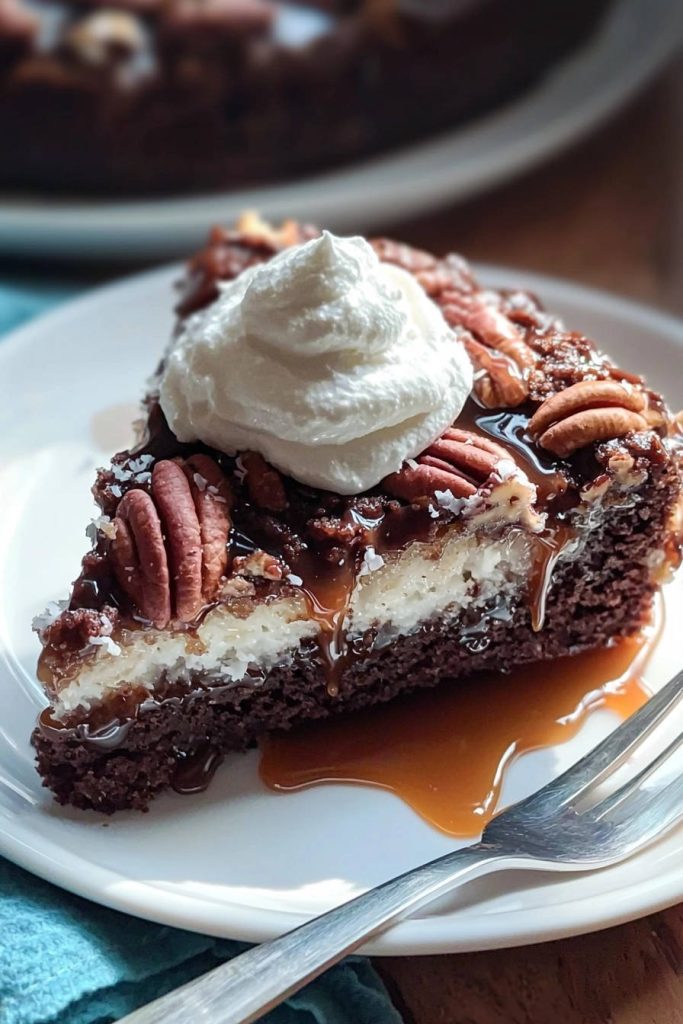 Decadent chocolate pecan dream tart slice topped with whipped cream and drizzled caramel.