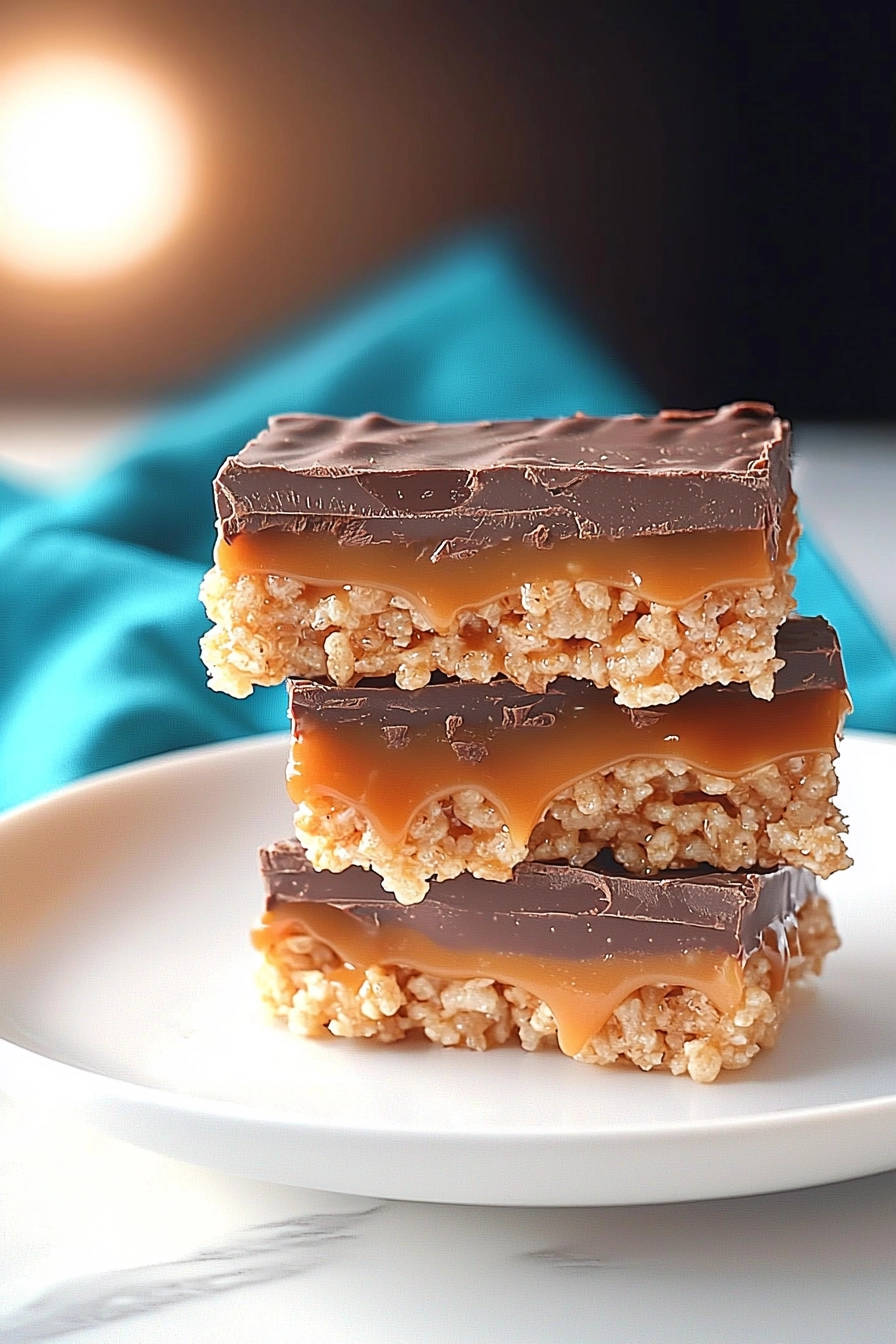 Enchanted Caramel Chocolate Rice Treats stacked on a white plate, showcasing their layers