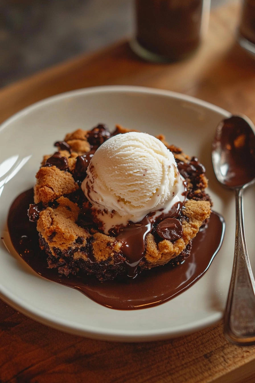 Fudge Revelation Skillet Cookie topped with melting vanilla ice cream and rich chocolate sauce.