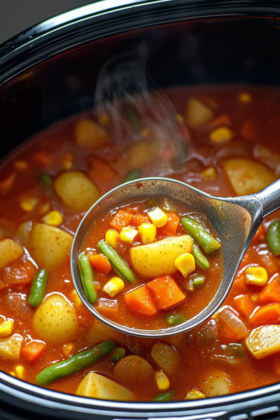 Hearty vegetable stew with potatoes, carrots, corn, and green beans being served from a slow cooker with steam rising.