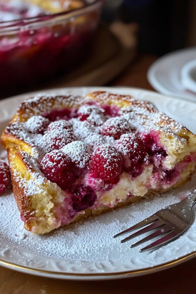 Raspberry Dream Bake: A Vanilla Infused Delight, shown as a close-up cross-section slice on a white plate dusted with powdered sugar.