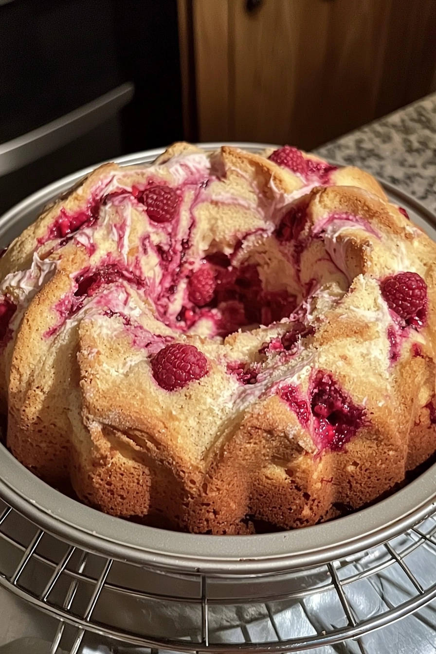 Raspberry swirl bundt cake cooling on a wire rack, showcasing its golden-brown exterior and raspberry swirls.