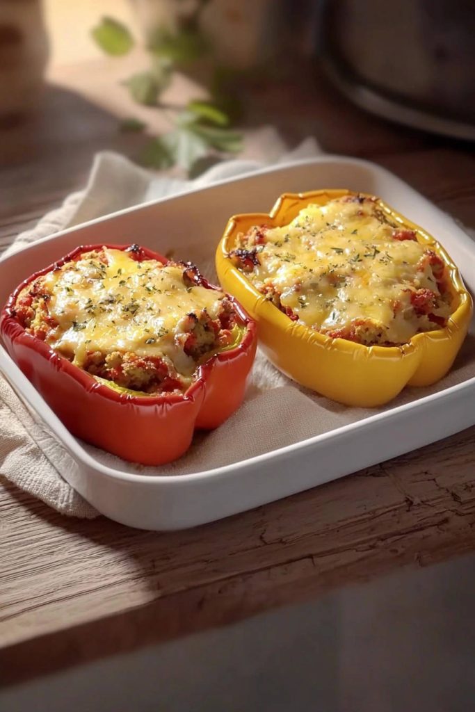 Savory stuffed peppers with hidden garden sauce baked in a white dish, topped with melted cheese and herbs.