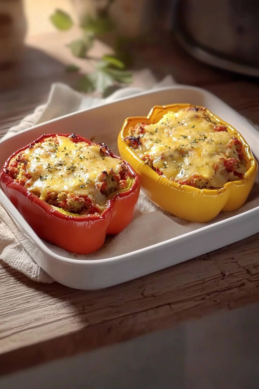 Savory stuffed peppers with hidden garden sauce baked in a white dish, topped with melted cheese and herbs.