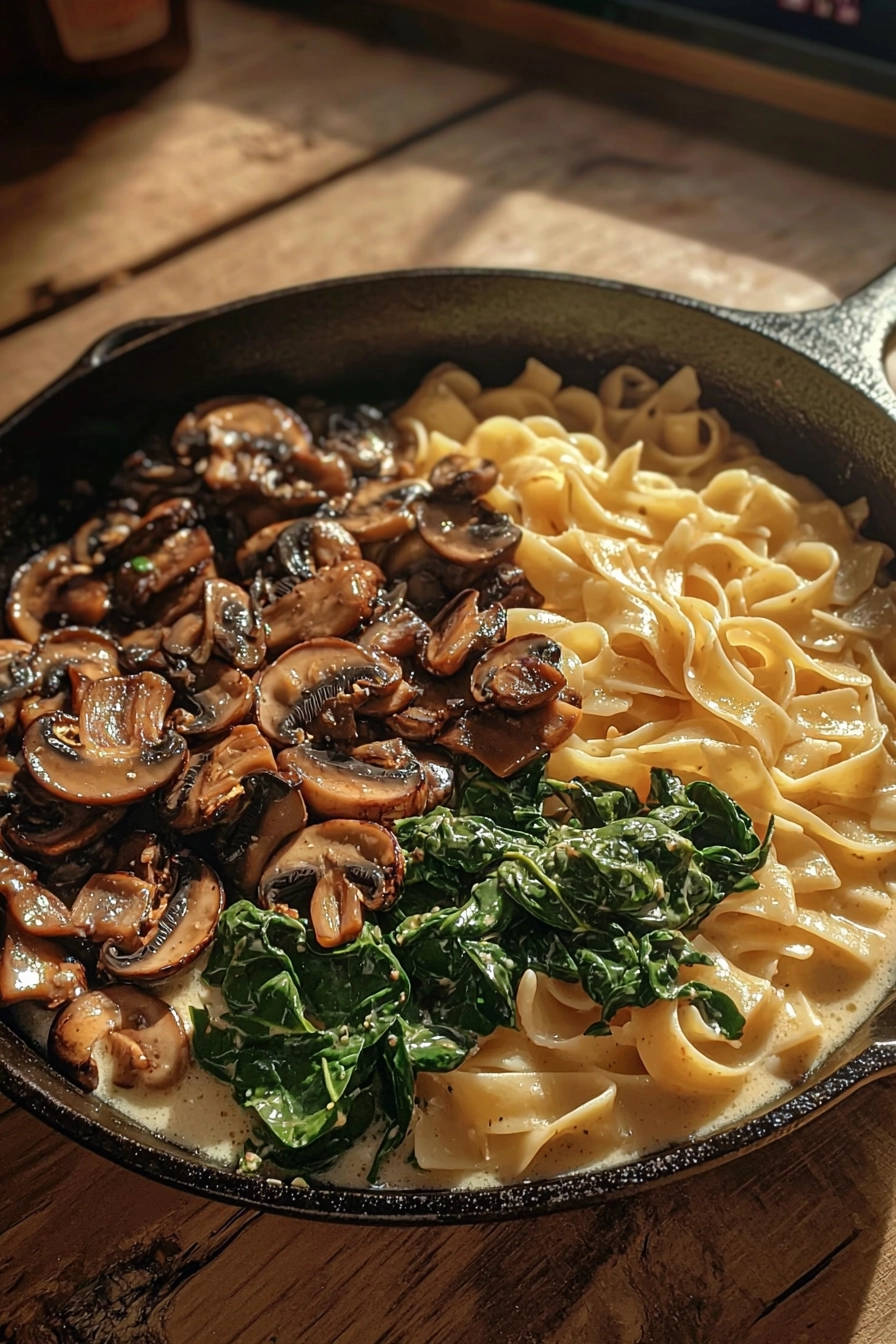 Skillet tagliatelle with umami mushroom revelation served in a cast iron skillet, showing a close-up of the pasta, mushrooms, and spinach.