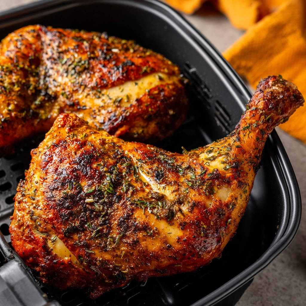 Air fryer chicken leg quarters with seasoned skin, shown close-up in the air fryer basket.