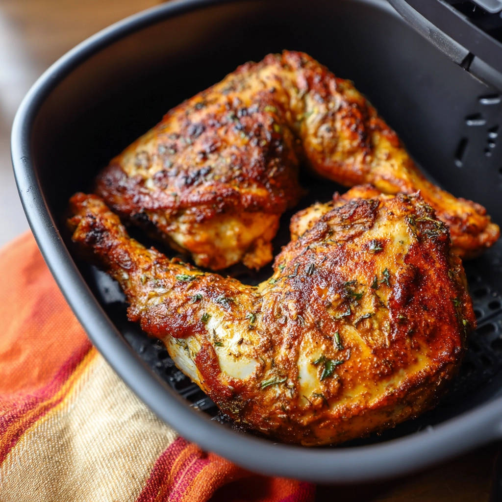 Air fryer chicken leg quarters with seasoned skin are arranged in a black air fryer basket for a close-up view.