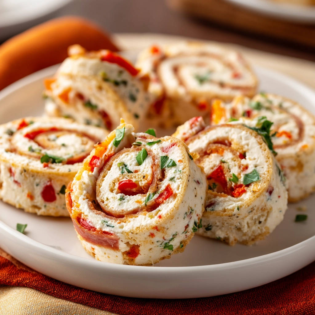 Appetizer pinwheels, sliced and arranged on a white plate, showcasing the creamy filling and colorful ingredients.