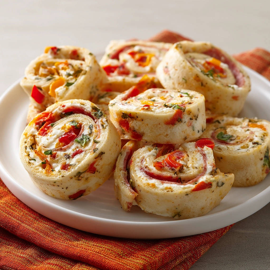 Appetizer pinwheels cross-section detail showing creamy filling and colorful bell peppers rolled in dough.
