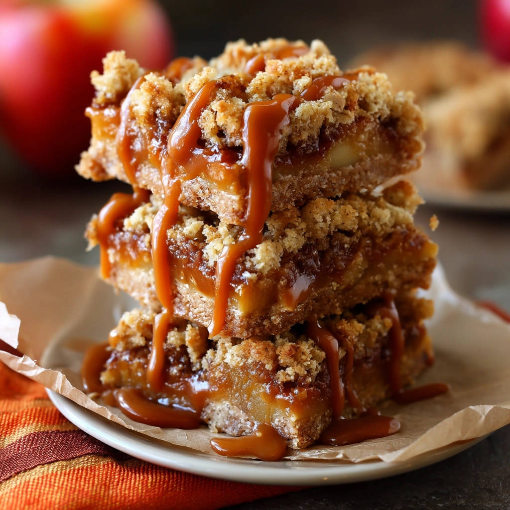Apple crumble bars stacked high, drizzled generously with golden caramel sauce, showcasing a crumbly topping.