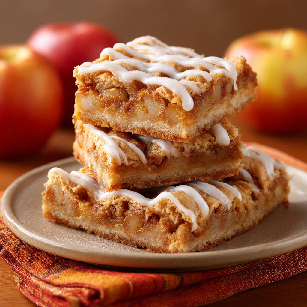 Apple crumble bars stacked on a plate with a white glaze drizzled over the tops.