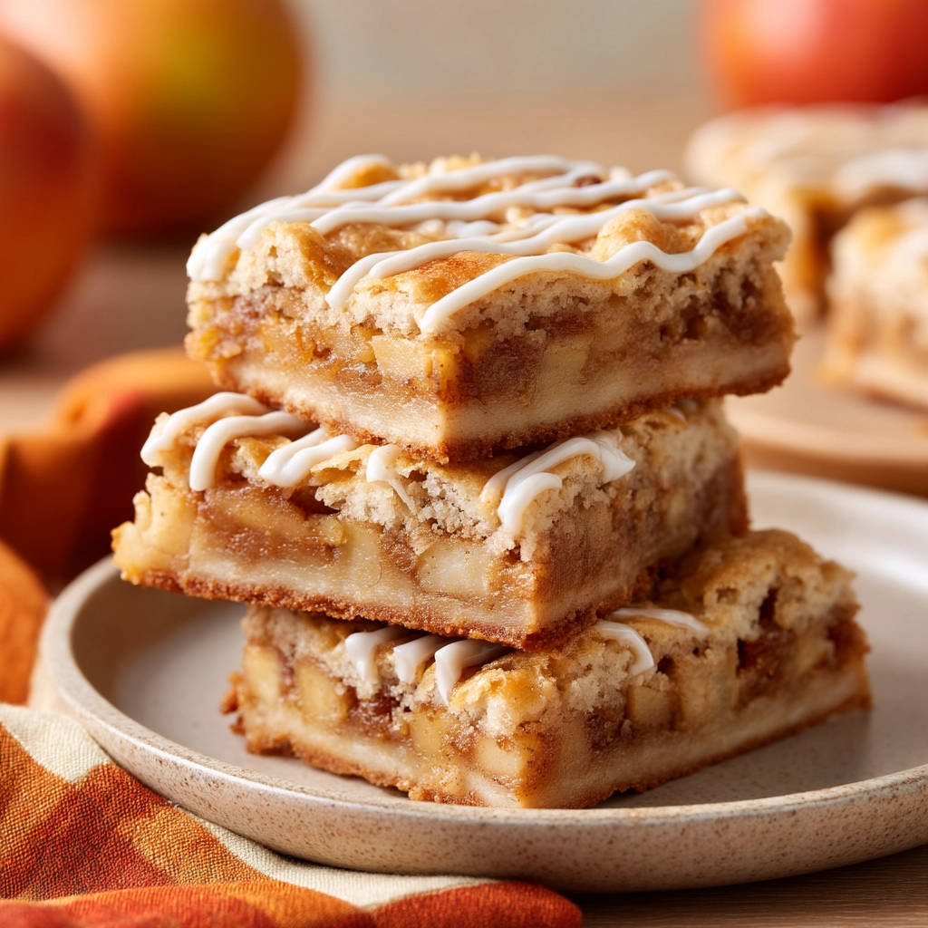 Apple crumble bars stacked high, drizzled with white glaze, showing a close-up texture detail.