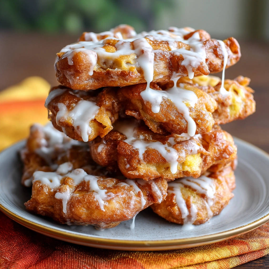 Apple fritters are stacked and drizzled with white glaze in a close-up shot.