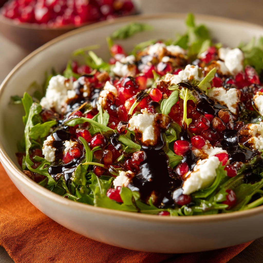 Arugula pomegranate salad with goat cheese and a balsamic glaze drizzle, showcasing a close-up detail of the glossy sauce.