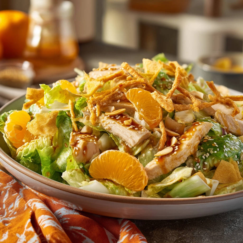 Asian chicken salad featuring tender chicken, mandarin oranges, and wonton strips, presented in a close-up view.