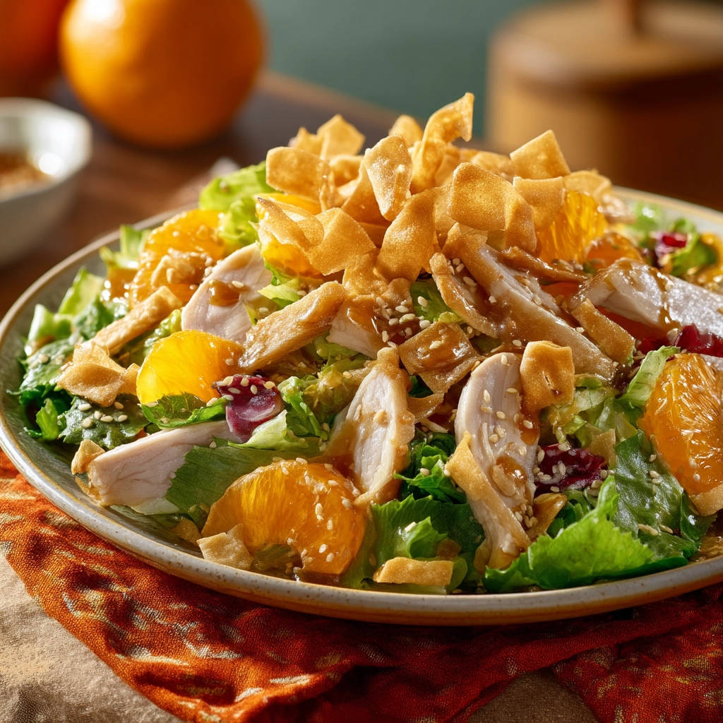 Asian chicken salad recipe featuring a generous topping of crispy wonton strips and mandarin orange segments.