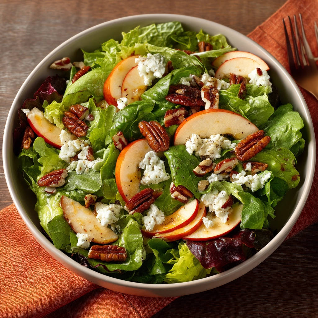 Autumn apple salad with pecans and blue cheese in a bowl, viewed from overhead.
