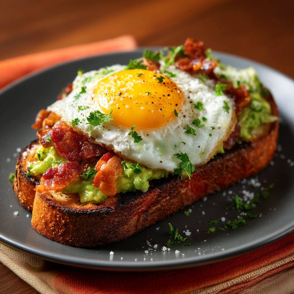 Avocado toast with egg and bacon plated and garnished with parsley, shown in a close-up view.