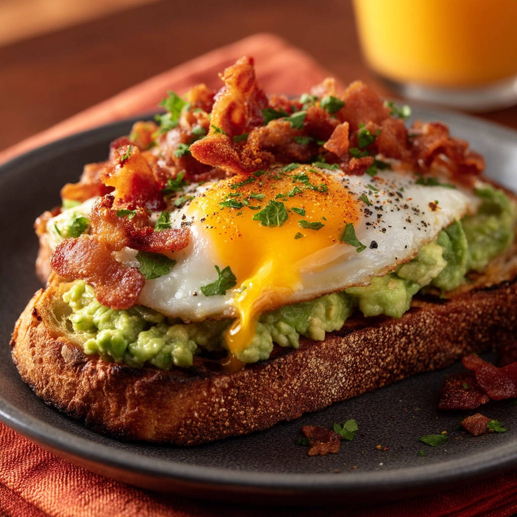 Avocado toast with egg and bacon featuring a close-up view of a runny egg yolk dripping over the top.