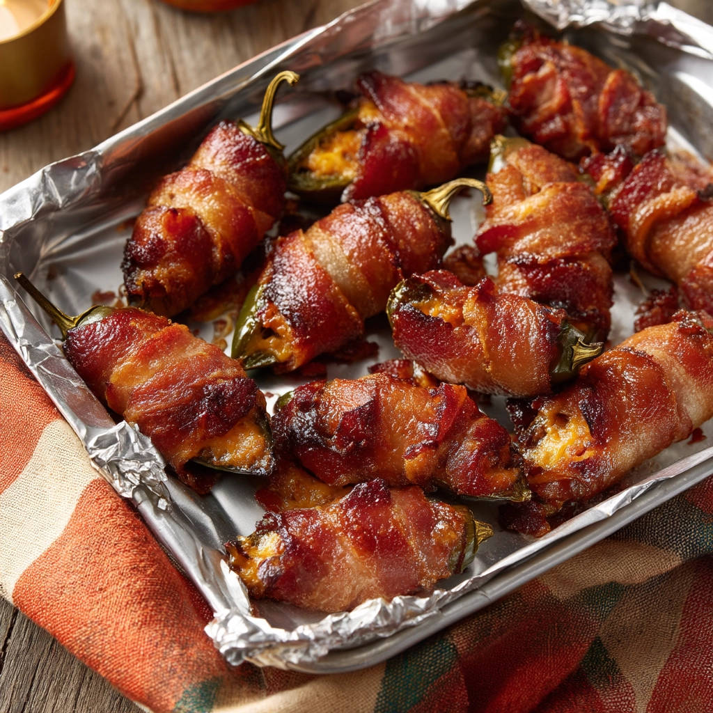 Bacon wrapped jalapeno poppers arranged in a foil-lined tray, showing a close-up view of the cheesy filling.