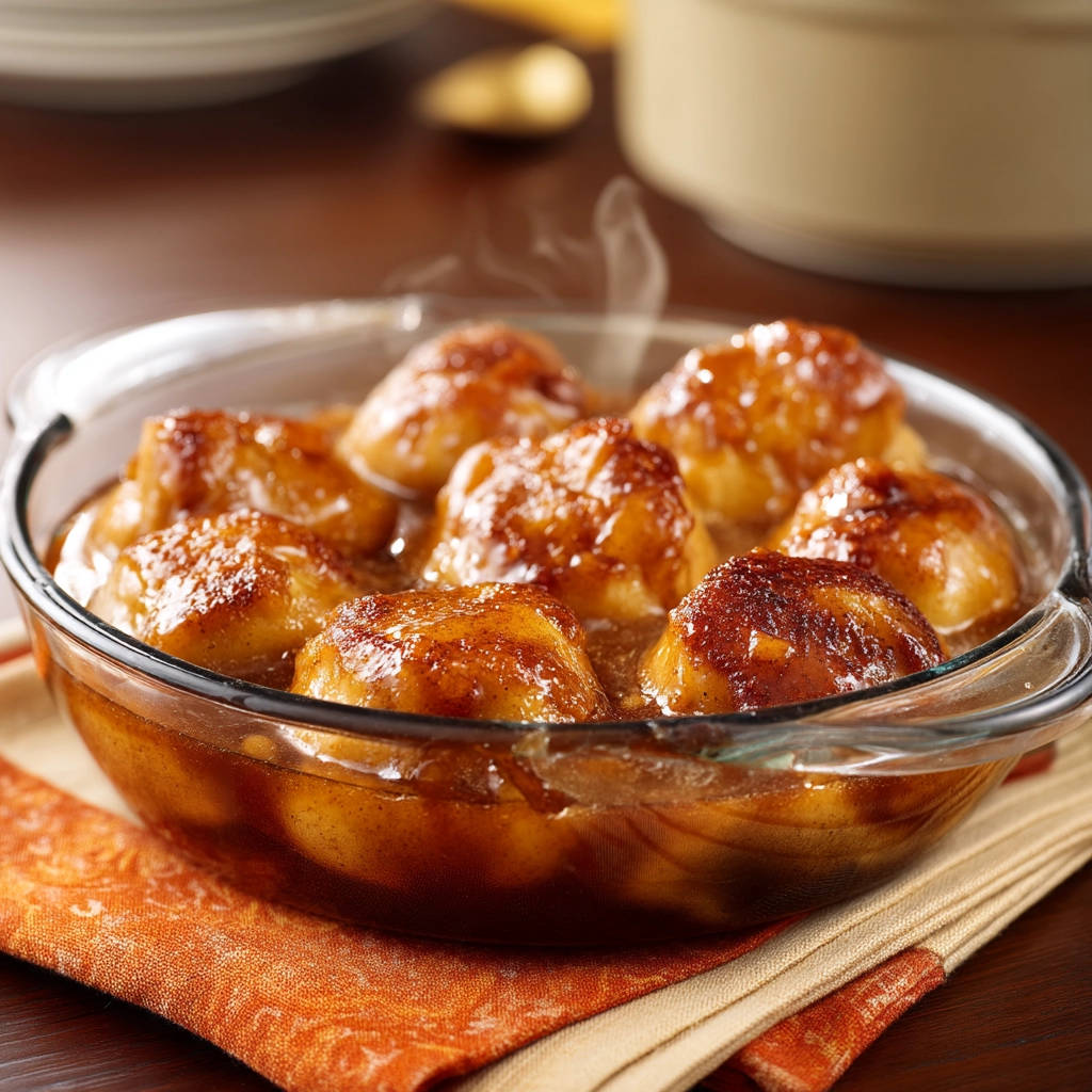Simple baked apples steaming in a clear glass dish, showcasing their tender, glazed appearance.
