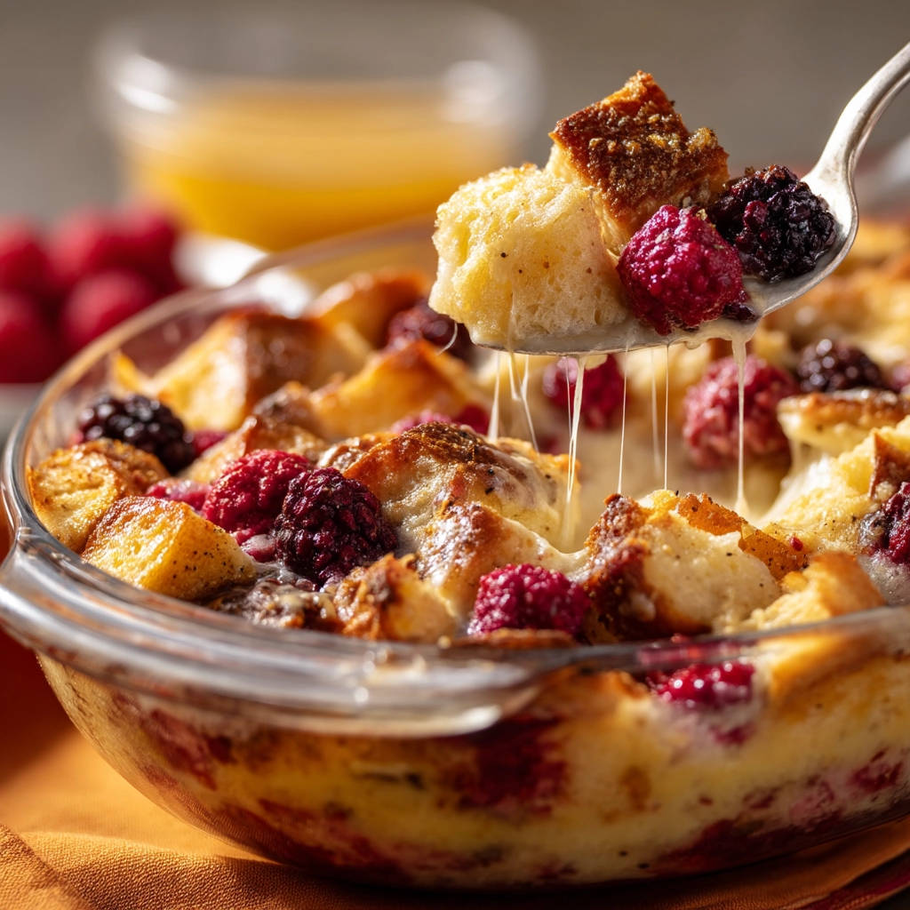 Baked Berry French Toast Casserole lifted with a spoonful, showing gooey cheese and berries.