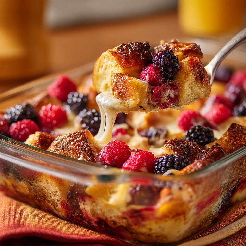 Baked berry French toast casserole being lifted with a spoon, showing melted cheese and fresh berries.