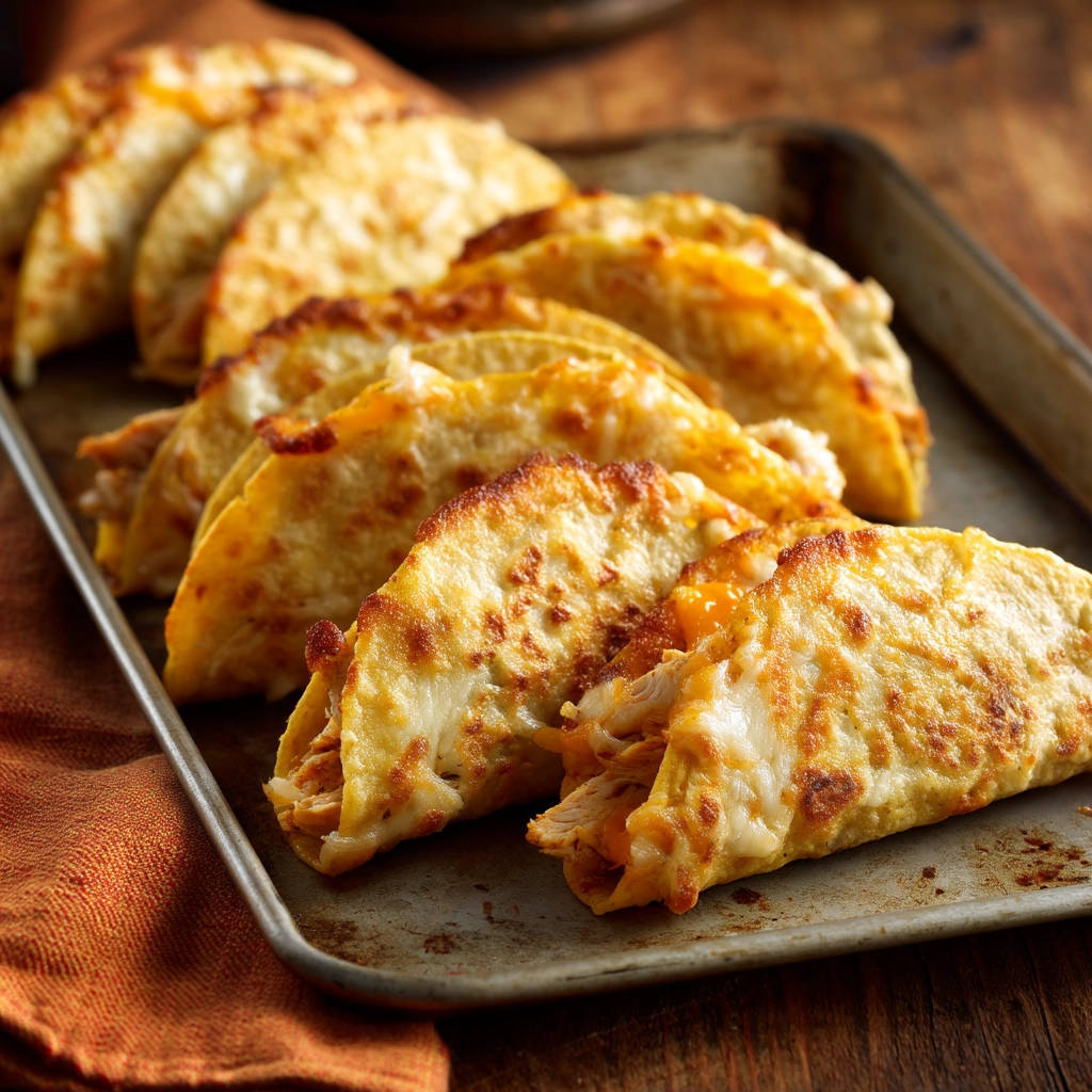 Crispy baked chicken tacos with melted cheese shown up close on a baking tray.
