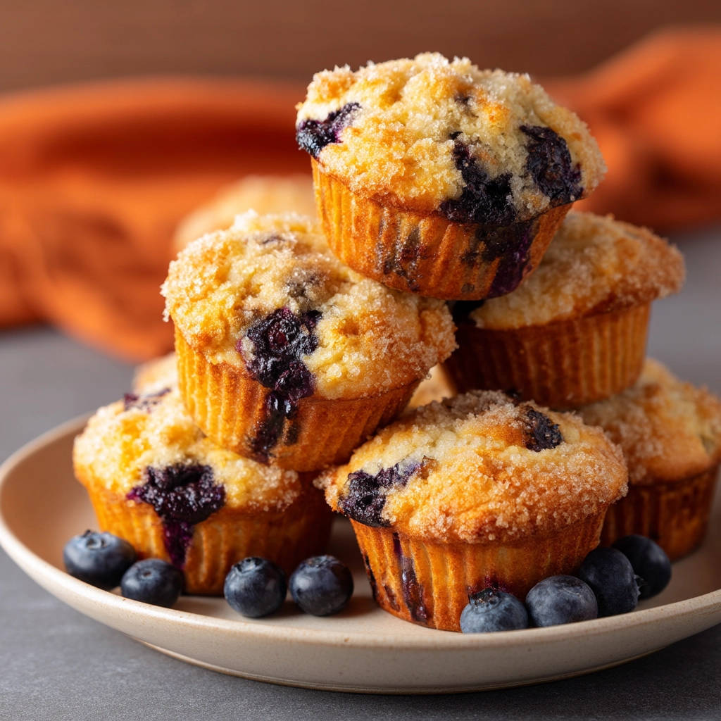 Bakery-style blueberry muffins stacked on a plate with fresh blueberries scattered around them.
