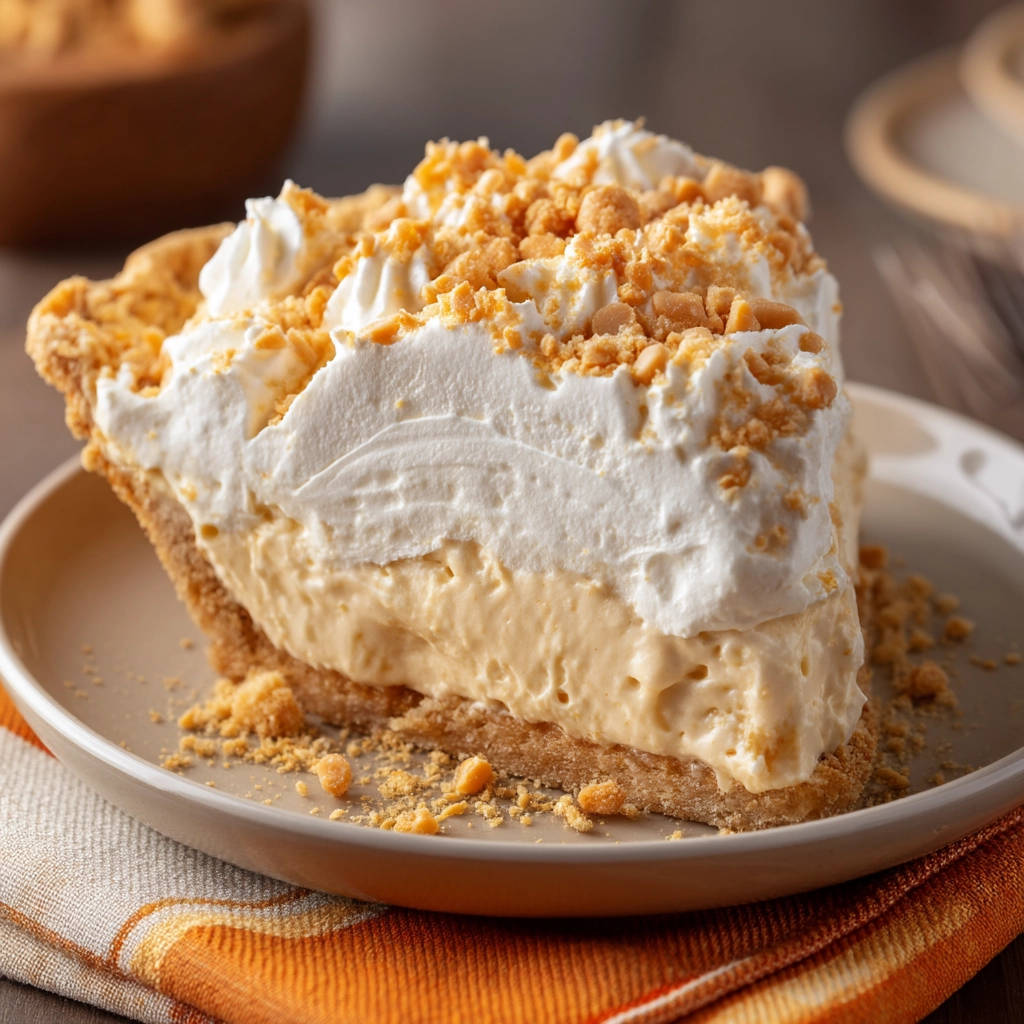 Dreamy banana cream pie slice showing a thick filling and whipped cream topping, served on a plate.