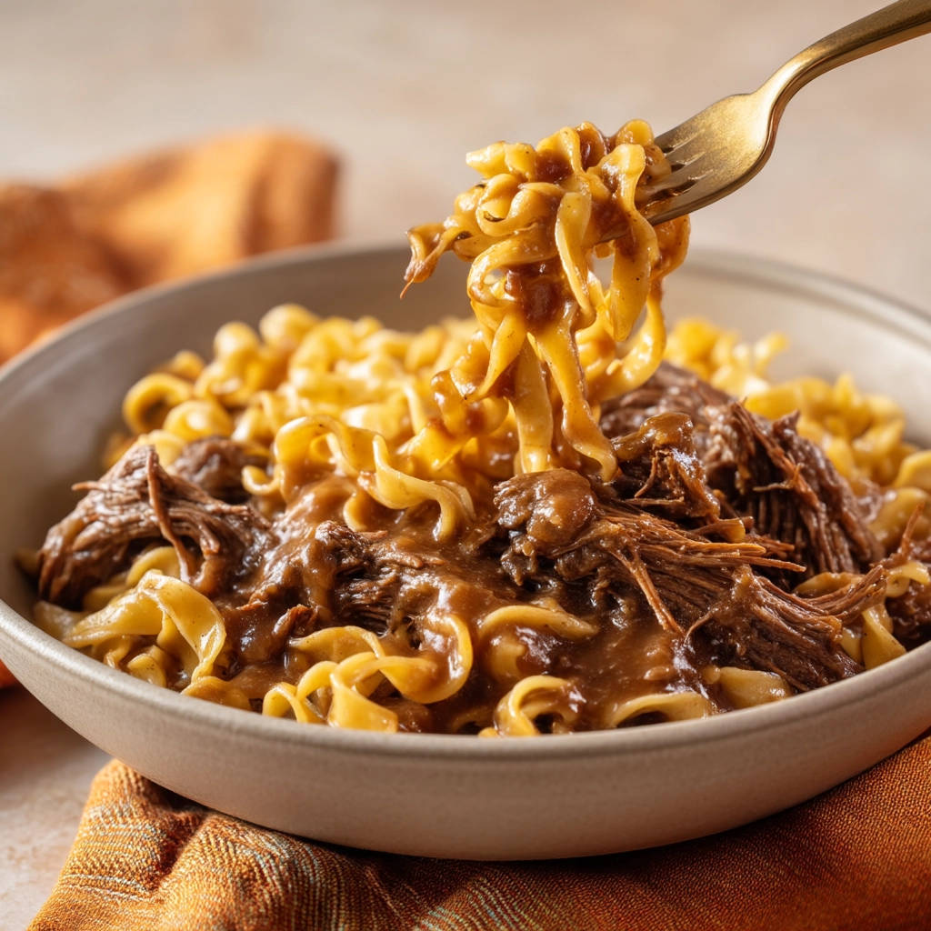 Comforting beef and noodles with a forkful showing tender shredded beef and egg noodles coated in rich gravy.