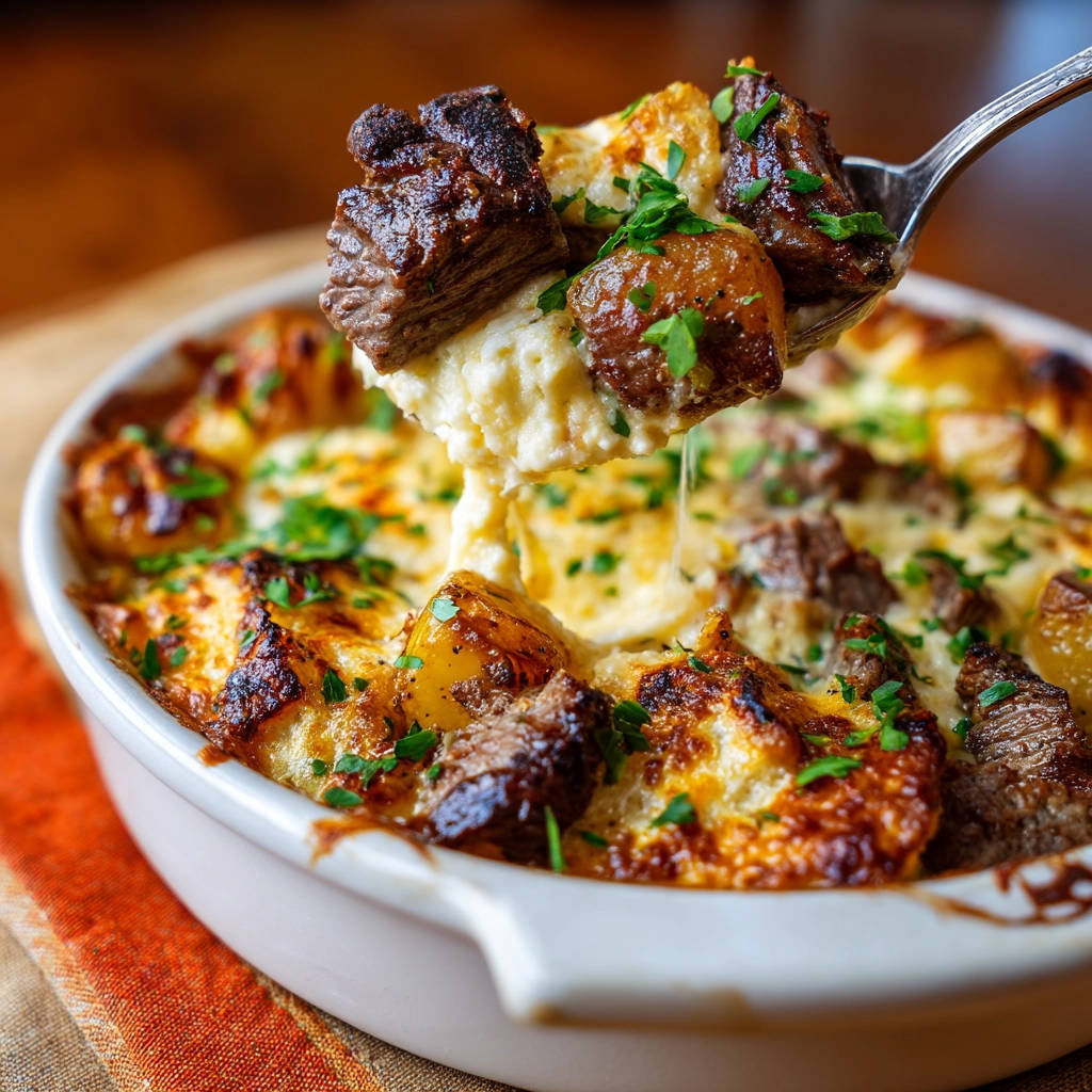 Beef and potato bake with a spoonful lifting out cheesy potatoes and tender beef pieces.