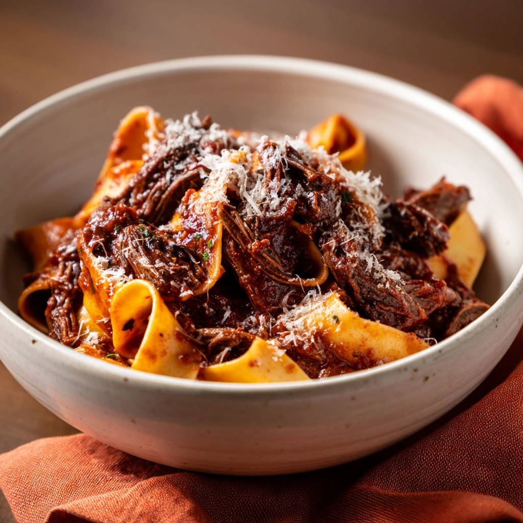 Beef ragu with tender meat and pappardelle pasta served in a rustic bowl, generously topped with grated Parmesan cheese.
