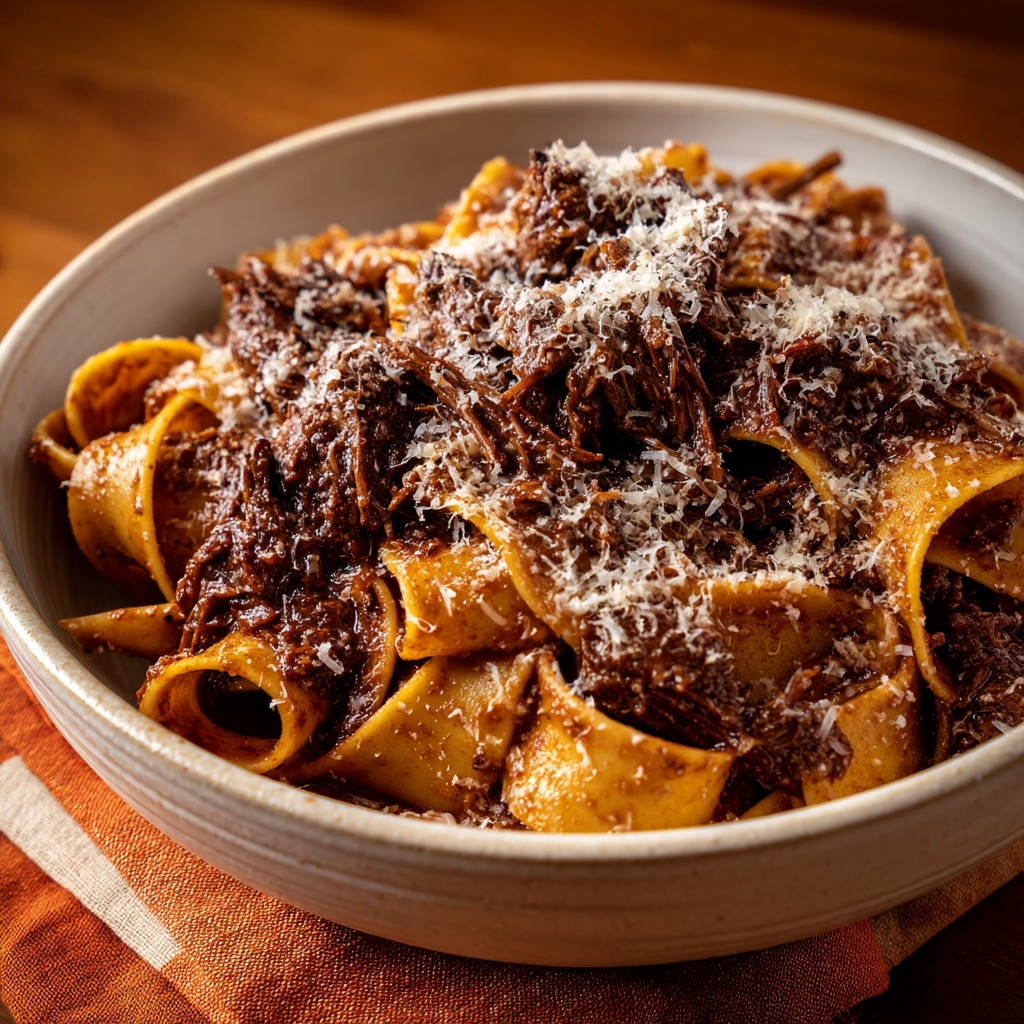 Beef ragu with pappardelle pasta featuring a close-up view of tender, shredded meat and grated Parmesan cheese.