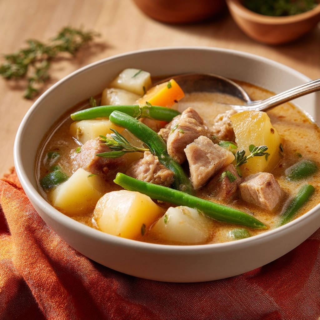 Hearty beef &amp; vegetable stew in a bowl with potatoes, green beans, and carrots, showcasing tender meat and rich broth.