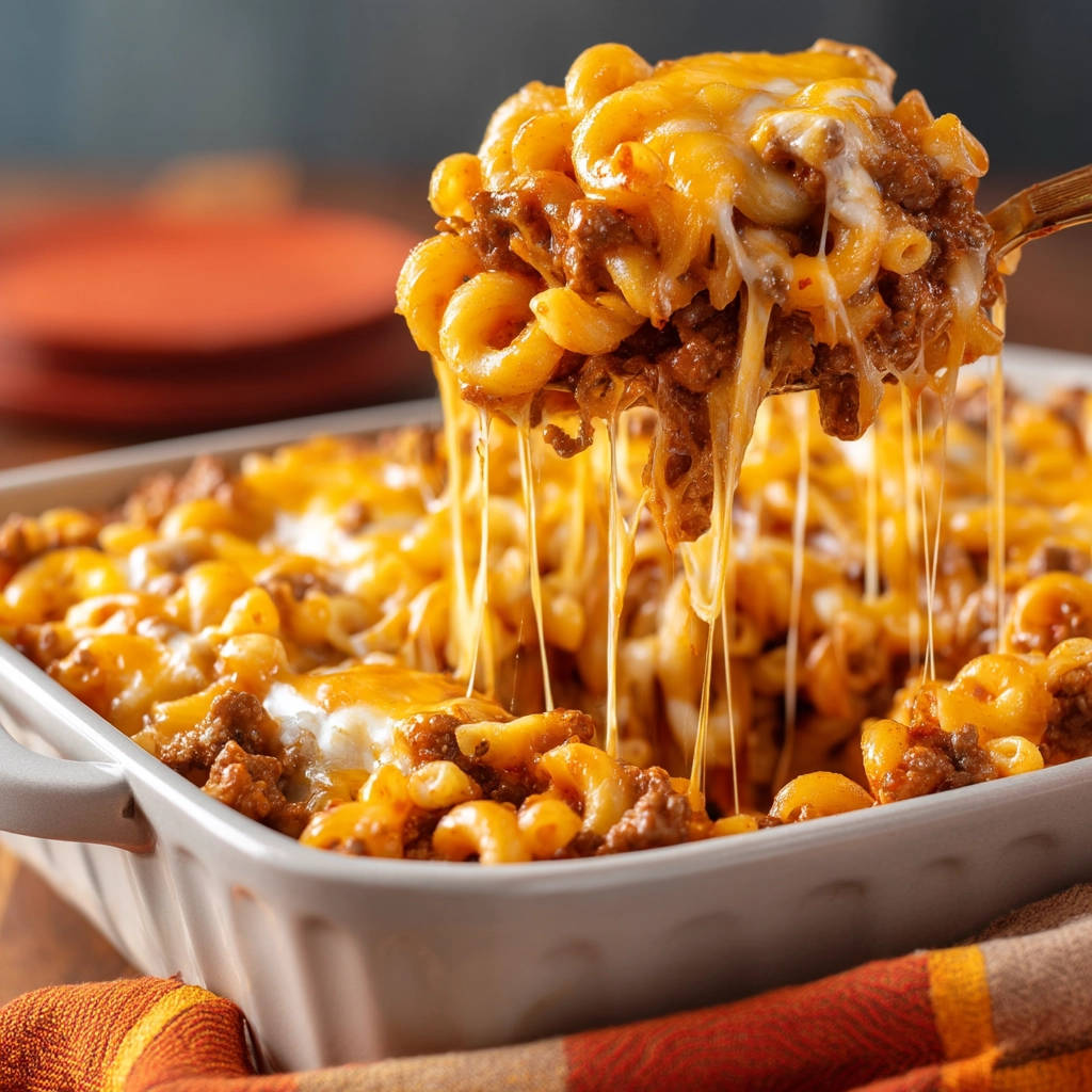 Ultimate Beefy Mac Casserole with a generous scoop showing a gooey cheese pull from the oven.
