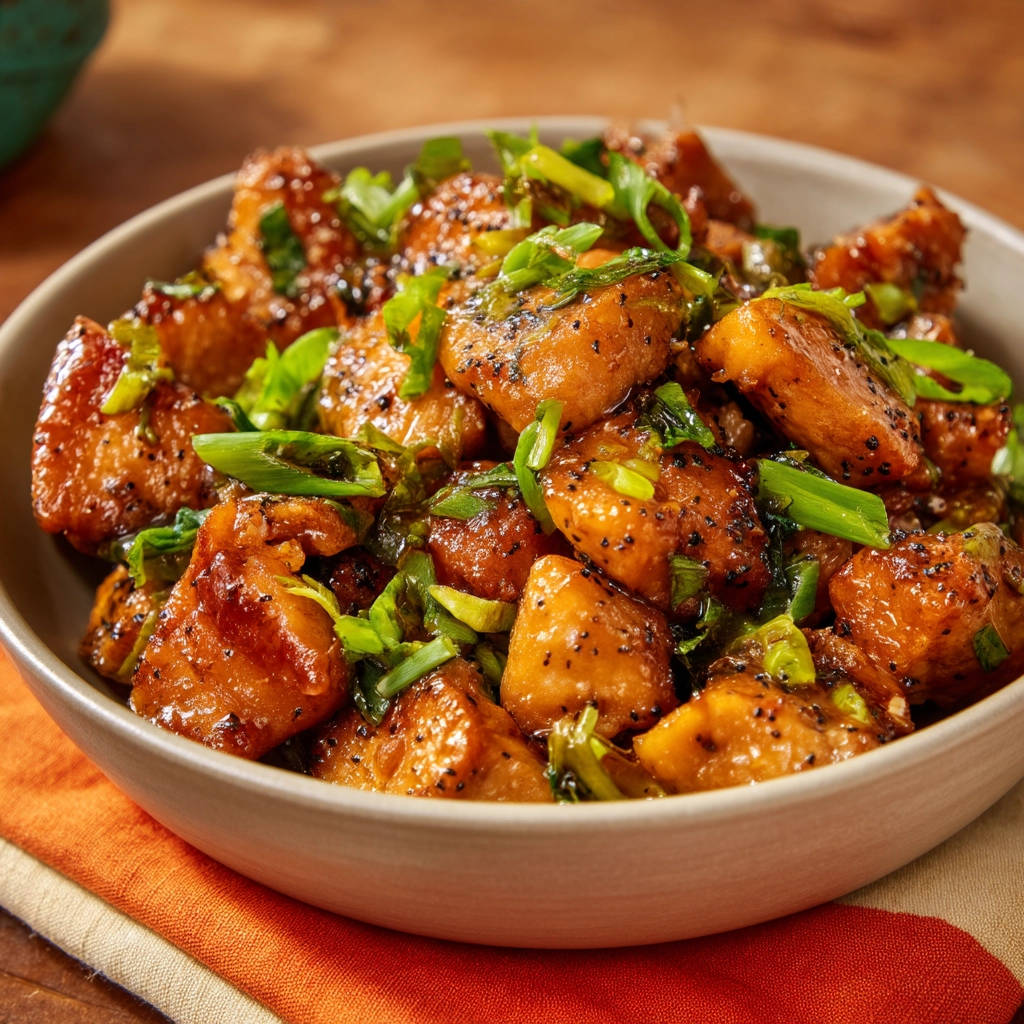 Black pepper glazed chicken, a close-up view of the glossy, glazed chicken pieces garnished with fresh green onions.