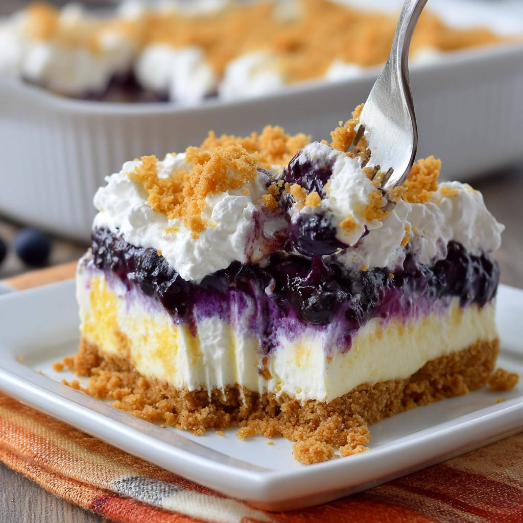 Blueberry Delight plated slice with a fork taking a bite, showing layers of crust, cream, and fruit.