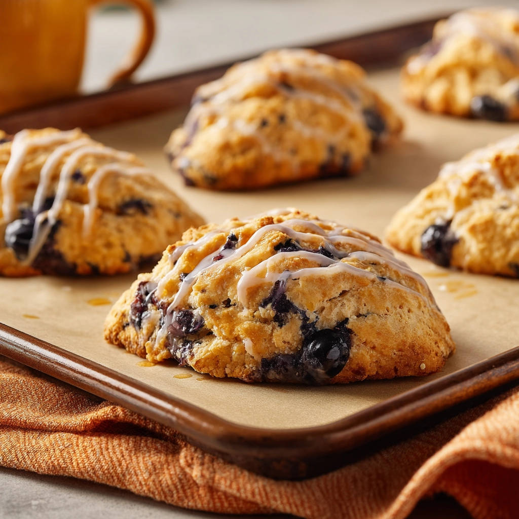 Classic blueberry scones drizzled with white icing, showcasing their golden-brown texture and fresh blueberries.