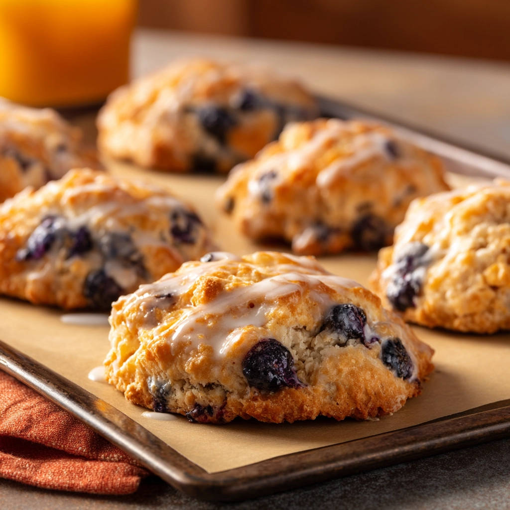 Classic blueberry scones glistening with a sweet glaze, showcasing their tender crumb and juicy berries.
